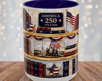 America 250 Mug, Patriotic Bookshelf Mug, USA Anniversary Coffee Cup, Fourth of July Gift, Americana History Mug