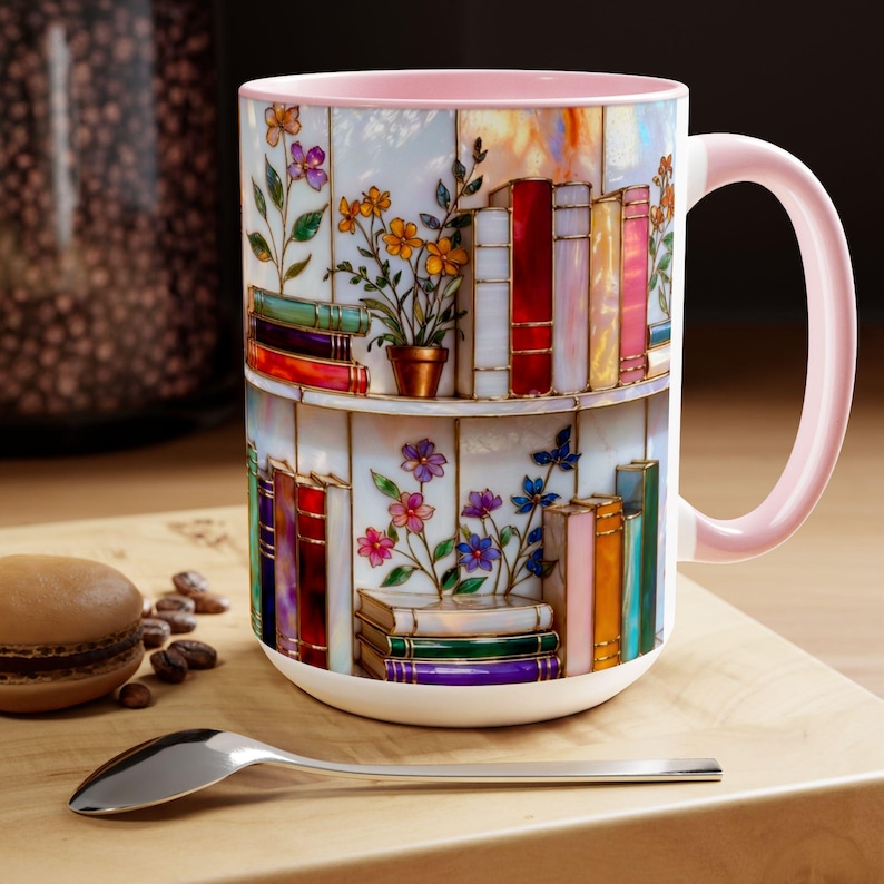 Floral Bookshelf Coffee Mug, Book Lover Gift, Bookish Stained-Glass Style Mug, Library Aesthetic Cup 15oz image 3