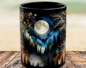 Dark Forest Mug, Gothic Forest Dark Academia Mug, Mystical Night Coffee Mug, Mystical Forest Coffee Cup, Witchy Moon Mug, Halloween Mug 15oz