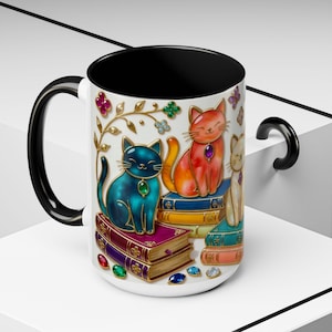 Stained Glass Style Cats Mug, Bookish Cat Art Mug, Jewel Tone Fantasy Cats Cup, Book Lover Mug 15oz image 20