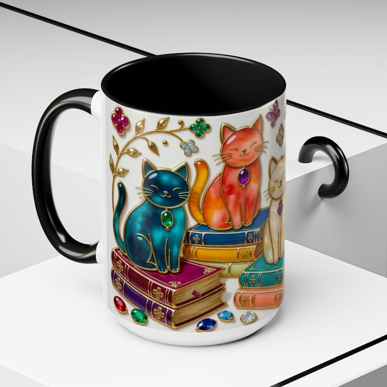 Stained Glass Style Cats Mug, Bookish Cat Art Mug, Jewel Tone Fantasy Cats Cup, Book Lover Mug 15oz image 20