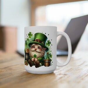 St. Patrick's Day Mug, Leprechaun Gnome Mug, Funny Irish Coffee Cup, Garden Gnome, Shamrock Clover, Saint Patrick's Day Holiday Gift 15oz White Handle