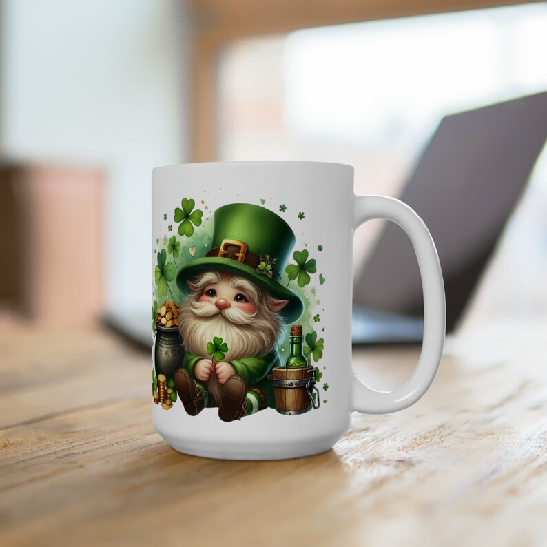 St. Patrick's Day Mug, Leprechaun Gnome Mug, Funny Irish Coffee Cup, Garden Gnome, Shamrock Clover, Saint Patrick's Day Holiday Gift 15oz White Handle