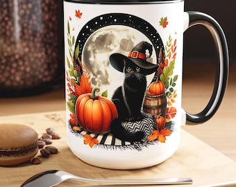 Black Cat Mug, Halloween Cat Themed Gift Mug, Witchy Moon Gothic Mug, Dark Academia Cat Mug, Halloween Mug, Gift for Halloween Lovers 15oz
