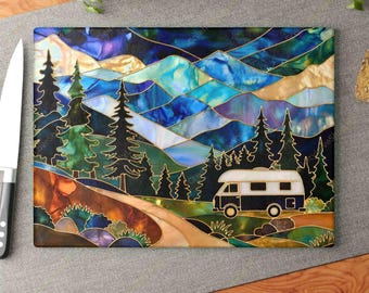 Stained Glass Style Mountain Camper Cutting Board, RV Camping Kitchen Decor, Outdoor Adventure Gift, Nature Lover Gift