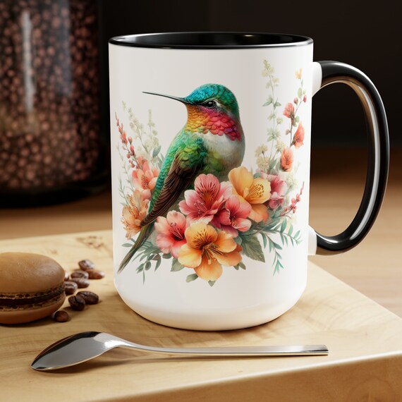 Personalized Ruby-Throated Hummingbird Ceramic Mug - Custom Name, Vintage Floral Design, 11oz Or 15oz - View #3