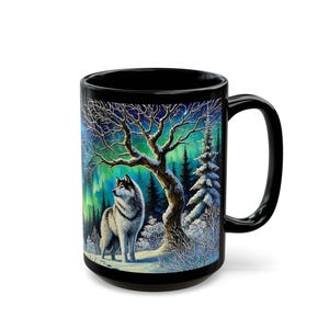 Mug loup nuit étoilée - tasse en céramique des bois d'hiver 15 oz, tasse à café loup style vitrail, tasse ciel étoilé, cadeau animal de la forêt image 9