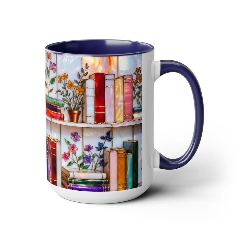 Floral Bookshelf Coffee Mug, Book Lover Gift, Bookish Stained-Glass Style Mug, Library Aesthetic Cup 15oz image 16