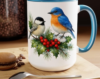 Eastern Bluebird and Chickadee Mug, Birds on Snowy Branch Mug, Birds Retro Christmas Mug, Kitchen Decor Mug, Winter Birds Lover Mug 15oz