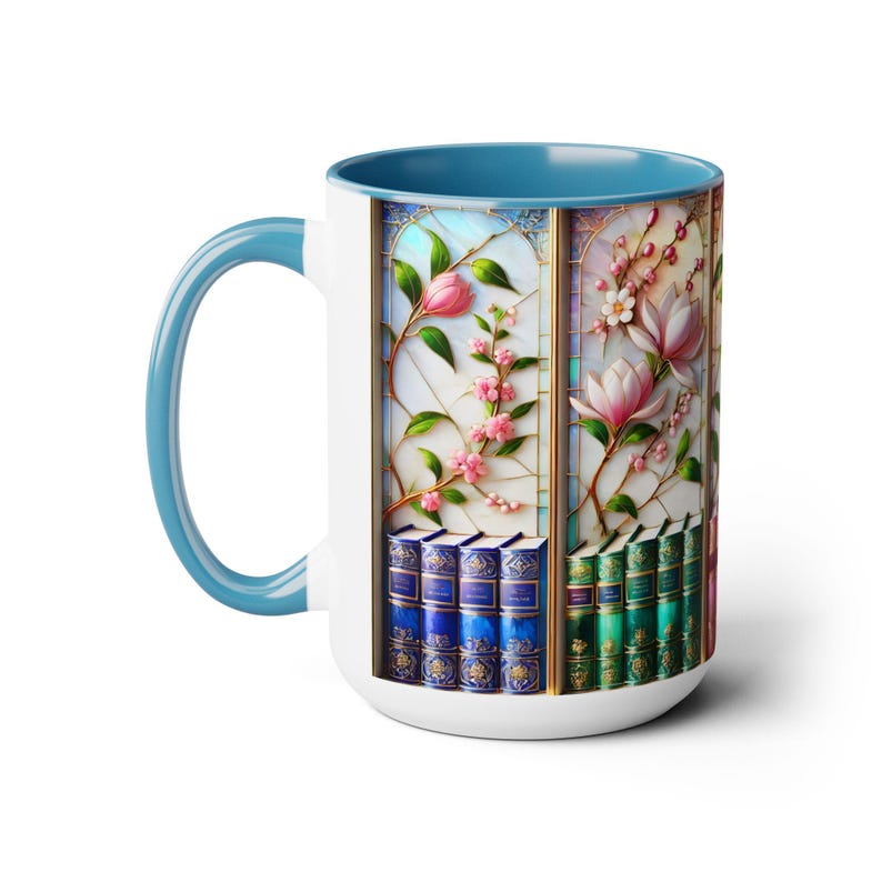 Floral Bookshelf Coffee Mug, Bookish Faux Stained-Glass Mug, Book Lover Gift, Reading Mug for Women, Library Floral Cup 15oz image 12