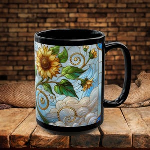 Sunflower Mug, Stained Style Coffee Cup, Sunflower Coffee Mug, Sunflower Gifts for Her, Sunflower Gift Women Mom Nana, CottageCore Mug 15oz