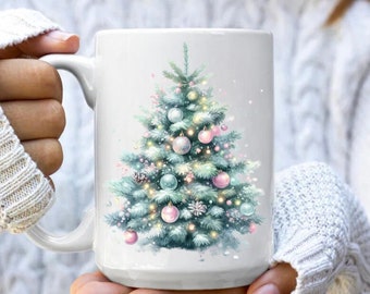 Christmas Tree Mug, Winter Tree Mug, Holiday Coffee Mug, Aesthetic Tree Mug, Pastel Christas Mug, Watercolor Christmas Tree Ceramic Mug 15oz