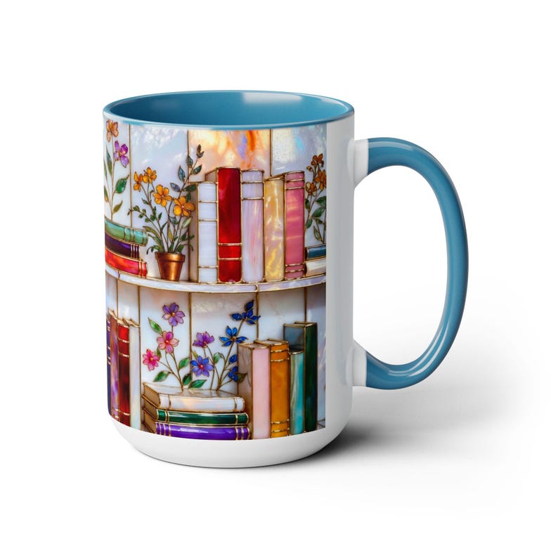 Floral Bookshelf Coffee Mug, Book Lover Gift, Bookish Stained-Glass Style Mug, Library Aesthetic Cup 15oz image 13
