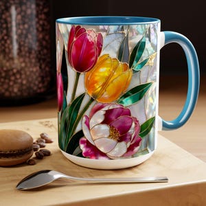 Tulips Mug Stained Glass Style, Floral Coffee Cup, Spring Flower Mug, Colorful Tulip Gift for Her, Mom, Teacher, Art Lover, 15oz immagine 8