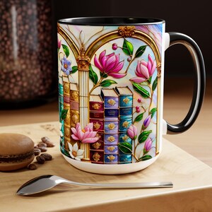 Floral Bookshelf Coffee Mug, Bookish Faux Stained-Glass Mug, Book Lover Gift, Reading Mug for Women, Library Aesthetic Cup 15oz image 4