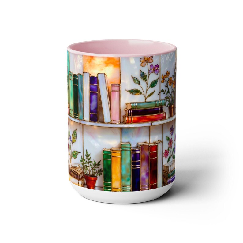 Floral Bookshelf Coffee Mug, Book Lover Gift, Bookish Stained-Glass Style Mug, Library Aesthetic Cup 15oz image 18