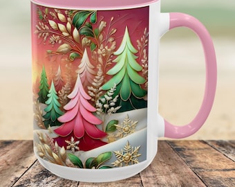 Pink Christmas Mug, Stained Glass Style Christas Forest Coffee Cup, Winter Wonderland Mug, Cozy Holiday Coffee Cup, Christmas Gift 15oz