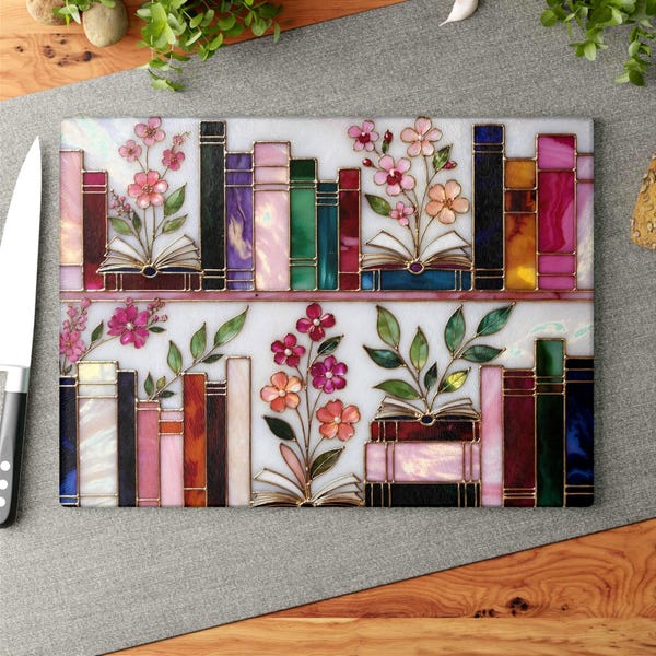 Stained Glass Style Bookshelf Cutting Board Floral Kitchen Decor Gift for Her