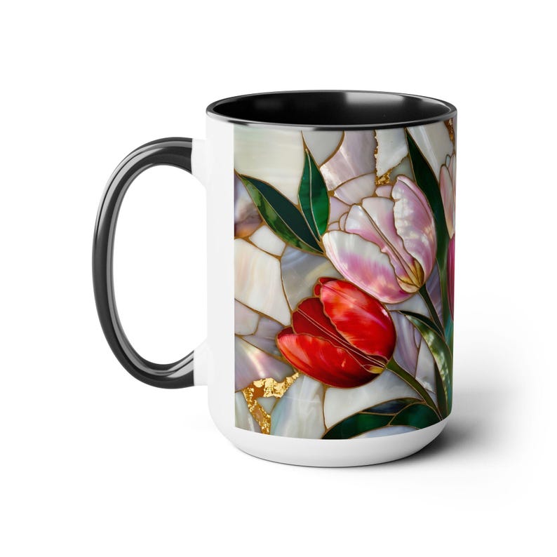 Tulips Mug Stained Glass Style, Floral Coffee Cup, Spring Flower Mug, Colorful Tulip Gift for Her, Mom, Teacher, Art Lover, 15oz immagine 12