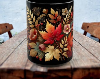 Fall Coffee Mug, Country Fall Autumn Mug, Maple Leaf Mug Pressed Flowers Leaves Style Mug Fall Colors Autumn Lover Gift Rustic Fall Mug 15oz