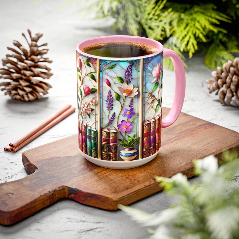 Floral Bookshelf Coffee Mug, Bookish Faux Stained-Glass Mug, Book Lover Gift, Reading Mug for Women, Library Floral Cup 15oz image 7