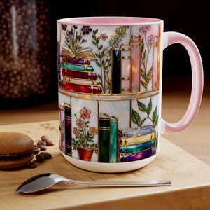Taza de estantería floral estilo vitral, regalo para amantes de los libros, taza para aficionados a la lectura, taza de biblioteca de 444 ml (15 oz)