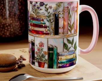 Stained-Glass Style Floral Bookshelf Mug, Book Lover Gift, Bookish Mug, Library Cup 15oz