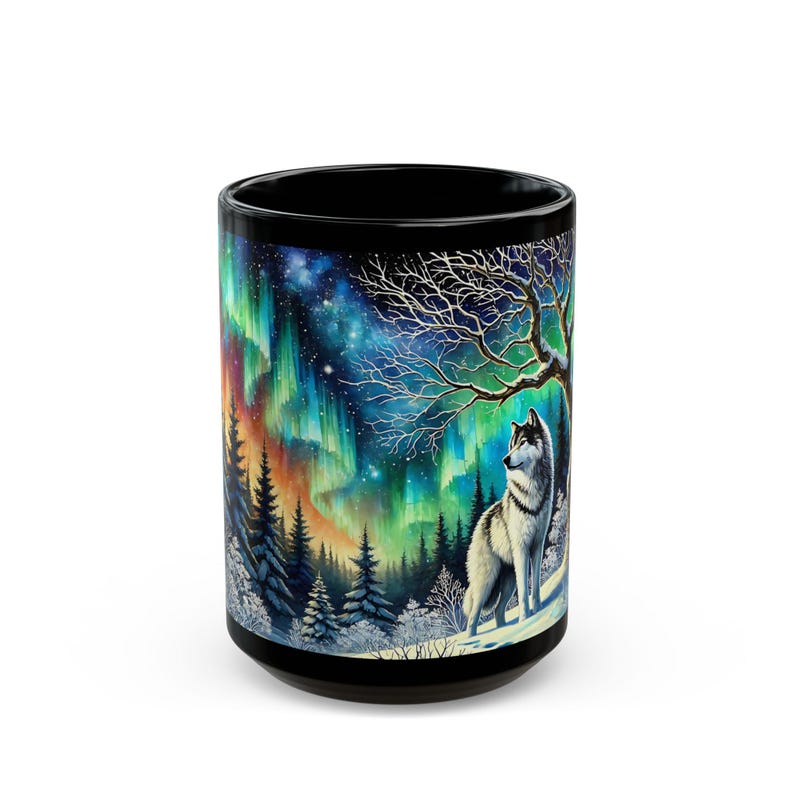 Mug loup nuit étoilée - tasse en céramique des bois d'hiver 15 oz, tasse à café loup style vitrail, tasse ciel étoilé, cadeau animal de la forêt image 5