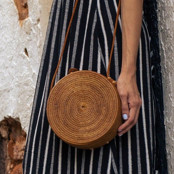 Bali Round Rattan Crossbody Bag with Leather Strap