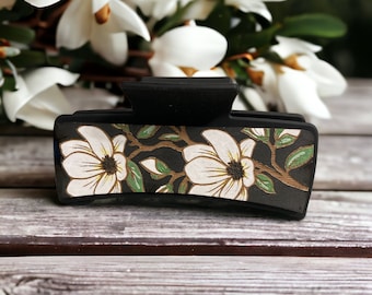 Large hair clip featuring laser engraved Magnolias - hand painted