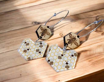 Honey bee earrings - laser engraved wood earrings