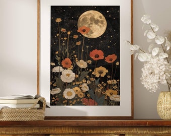 Moon And Flowers Print, Floral Moon Wall Art, Vintage Moon Print, Wildflowers Moon, Cottagecore Print, Vintage Nature Print, Whimsigoth Art