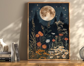 Moon And Flowers Print, Forest Prints, Floral Moon Wall Art, Vintage Moon Print, Wildflowers Moon, Cottagecore Print, Vintage Nature Print