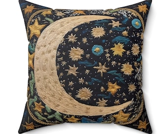 Moon Pillow, FAUX EMBROIDERED LOOK, Celestial Decor, Moon And Stars, Faux Suede Texture, Fall Home Decor, Housewarming Gift For Her