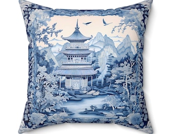 Chinoiserie Pillow, Pagoda Pillow, Blue Throw Pillow, Blue And White Pillows, Aesthetic Room Decor, Chinese Home Decor, Chinoiserie Print