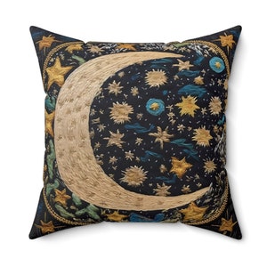Moon Pillow, FAUX EMBROIDERED LOOK, Celestial Decor, Moon And Stars, Faux Suede Texture, Fall Home Decor, Housewarming Gift For Her