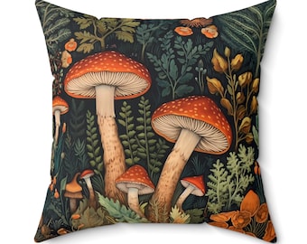 William Morris inspired Whimsical Mushrooms in a Magical Woodland Pillow with insert, luxurious faux suede texture, Forestcore, Cottagecore