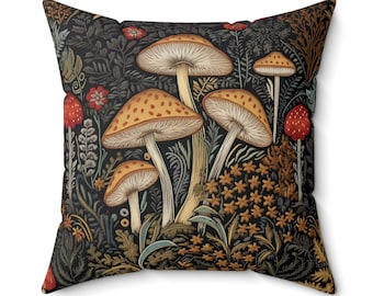 Mushroom Pillow William Morris inspired Magic Mushrooms in an Enchanted Woodland embroidered look faux suede texture Forestcore Cottagecore