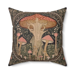Mushroom Pillow Damask Inspired Design Faux Suede Texture Mushrooms in a Mystical Woodland Accent Pillow Art Nouveau INSERT INCLUDED