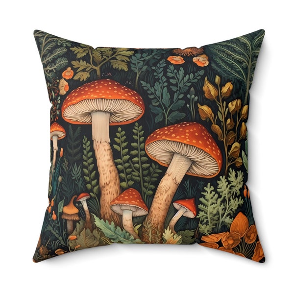 William Morris inspired Whimsical Mushrooms in a Magical Woodland Pillow with insert, luxurious faux suede texture, Forestcore, Cottagecore