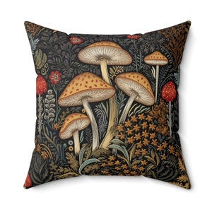 Mushroom Pillow William Morris inspired Magic Mushrooms in an Enchanted Woodland embroidered look faux suede texture Forestcore Cottagecore