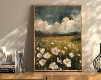 Oil Painting Print, Wildflower Print, Vintage Landscape, Field Painting, Moody Landscape Art, Moody Home Decor, Vintage Art Print For Her