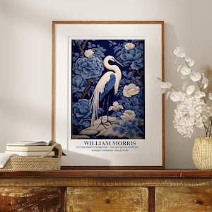 Arte mural de pájaros, impresión de William Morris, garza azul, póster de William Morris, arte mural estético, Toile de Jouy, impresión botánica, regalo de arte mural