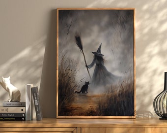 May include: A framed painting of a witch in a black dress and pointed hat, holding a broom, walking through a foggy forest with a black cat following behind her.