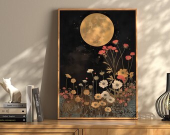 Moon And Flowers Print, Floral Moon Wall Art, Vintage Moon Print, Wildflowers Moon, Cottagecore Print, Vintage Nature Print, Whimsigoth Art