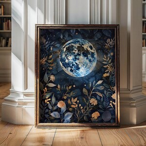Moon And Flowers Print, Floral Moon Wall Art, Vintage Moon Print, Whimsigoth Art, Dark Cottagecore Decor, Dark Academia Print Moody Wall Art