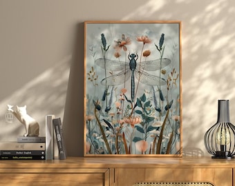 Art mural libellule, impression libellule, William Morris, décoration murale esthétique, estampes florales, création artistique, affiche florale, cadeaux libellule pour elle