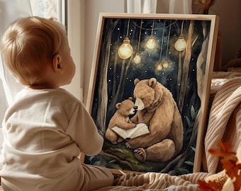 Bear Print Nursery Wall Art, Book Nursery Decor, Woodland Animals Prints