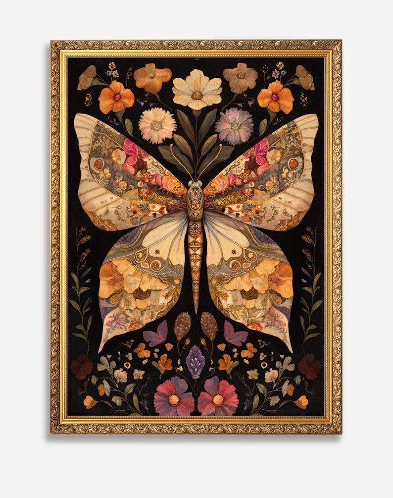 May include: A framed artwork featuring a large butterfly made of pressed flowers and leaves. The butterfly is in shades of brown, yellow, and white, with accents of pink and purple. The background is black, and the frame is gold.