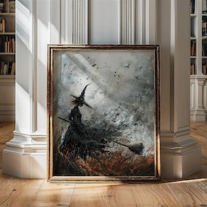 May include: A framed painting of a witch flying on a broomstick in a stormy sky. The witch is silhouetted against a background of swirling gray and white clouds. The painting is in a dark wood frame.